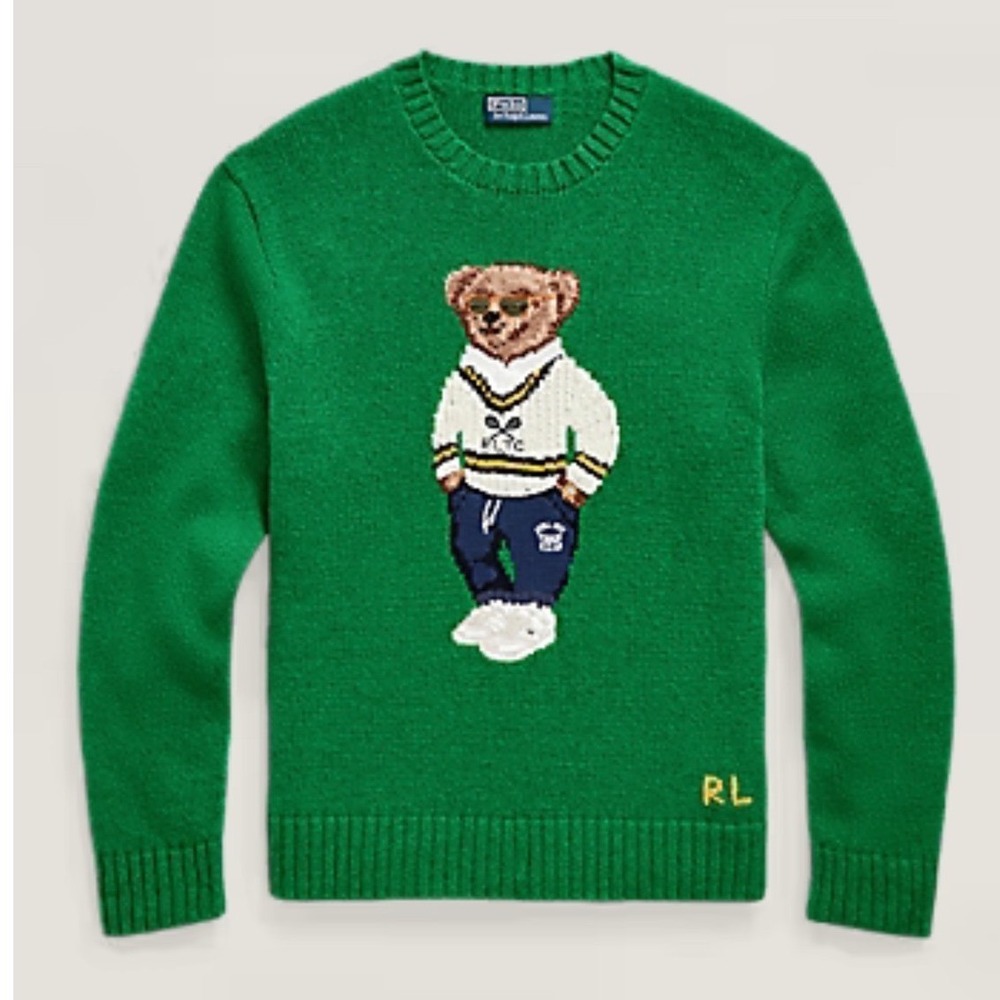 Polo Ralph Lauren Mens Green Polo Bear Tennis Intarsia Knit Crewneck Sweater NEW